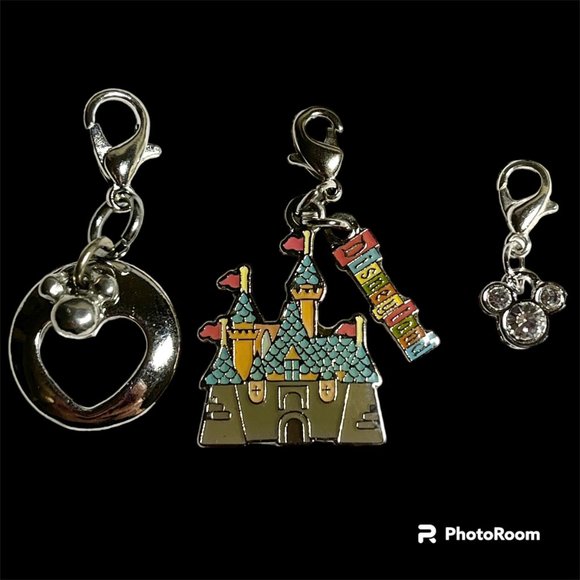 Vintage Disney 3 Charm Lot Cinderella Castle Crystal Mickey Mouse Heart Clip On - Picture 2 of 8